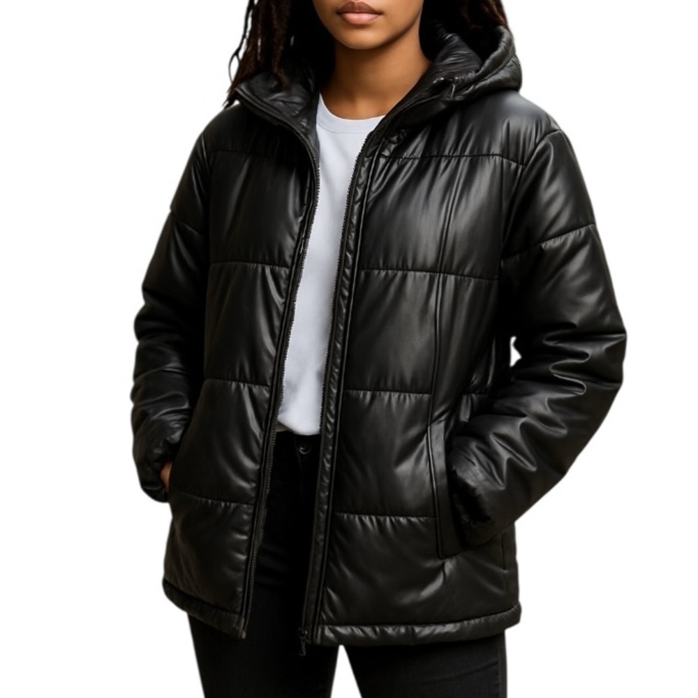 PrettyLittleThing Puffer Coat Faux Leather Black With Hood Medium NWT